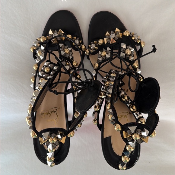 Christian Louboutin Kaleikita studded leather lace up sandals in black. - Picture 7 of 10